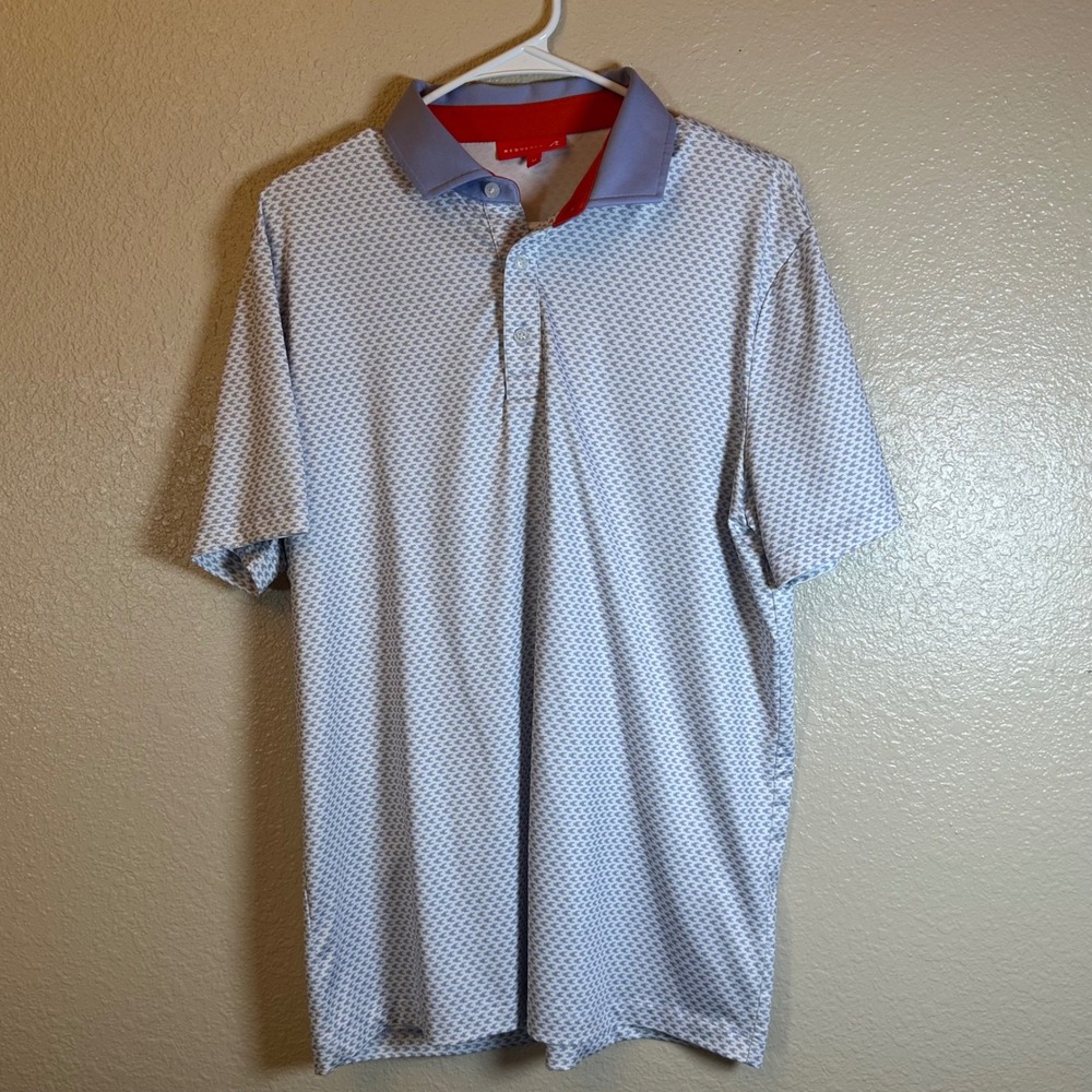 Redvanly Men Devine Golf Performance Polo Shirt Geometric Blue White Medium NWOT